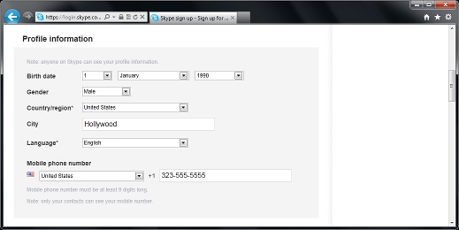 Create New Skype Account Profile Filled